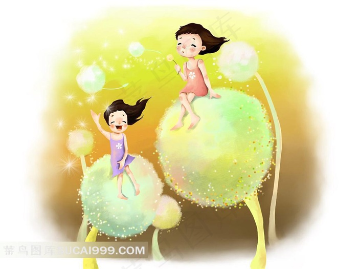 坐在蒲公英上的女孩儿童插画素材