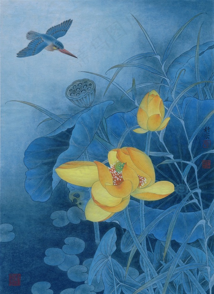 花鸟工笔画黄荷蓝翠图国画图片