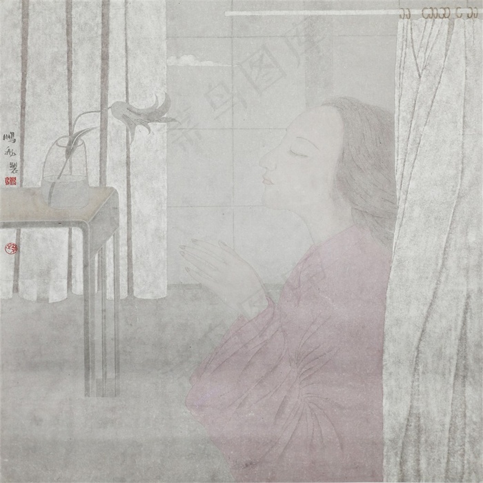 祈祷少女工笔画