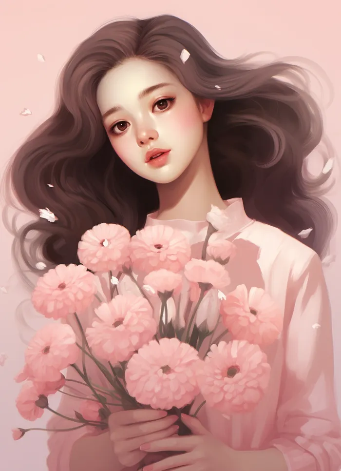 美丽少女抱着大捧粉色鲜花卡通插画(x)