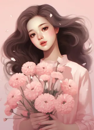 美丽少女抱着大捧粉色鲜花卡通插画