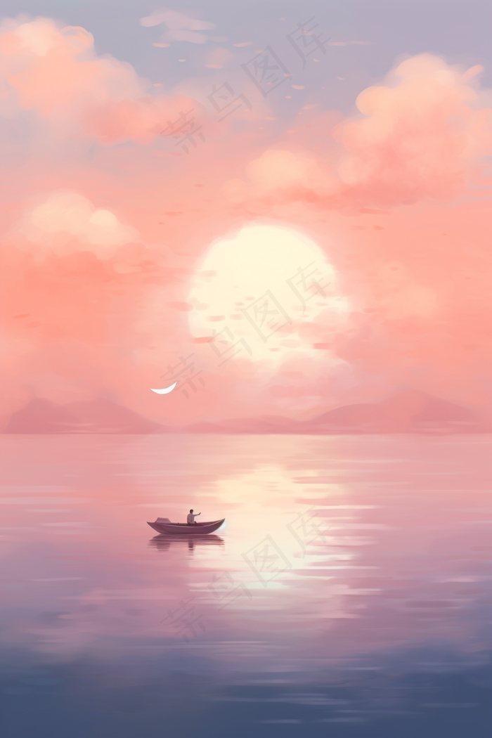 粉紫色天空和湖泊上划船的人梦幻卡通插画素材背景