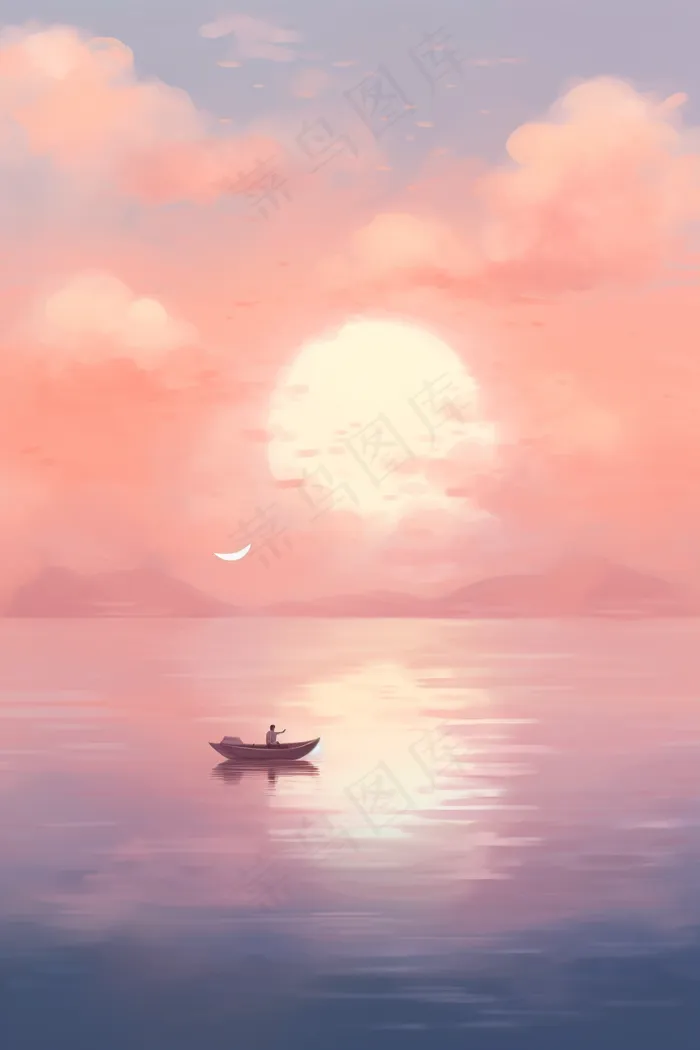 粉紫色天空和湖泊上划船的人梦幻卡通插画素材背景