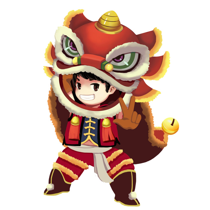 新年春节虎年元宵手绘人物舞狮卡通狮子头插画元素PSD设计素材