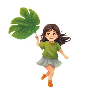 女孩奔跑叶子插画元素