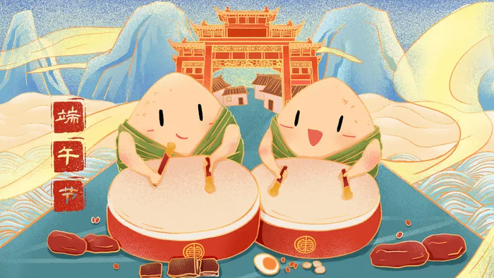 国潮风中国传统节日端午节赛龙舟粽子场景插画海报PSD设计素材psd模版下载