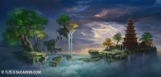 云端之上高塔中国风CG原画绘画图片