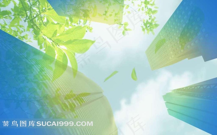 城市高楼大厦树叶背景素材