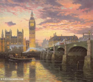 钟楼拱桥唯美水彩风景画插画