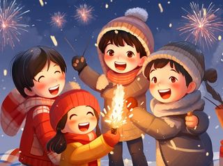 新年除夕放烟花爆竹的孩童庆祝新年喜庆卡通插画背景