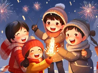 新年除夕放烟花爆竹的孩童庆祝新年喜庆卡通插画背景