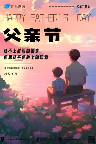 父亲节父子坐着湖边看夕阳晚霞花丛海报
