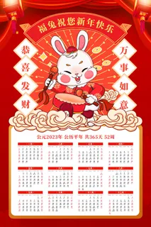 创意红色福兔新年快乐2023日历