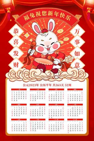 创意红色福兔新年快乐2023日历