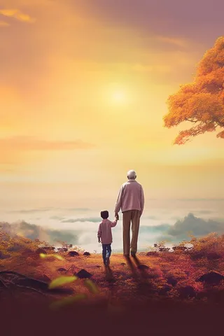 落日老人孩子山海背景