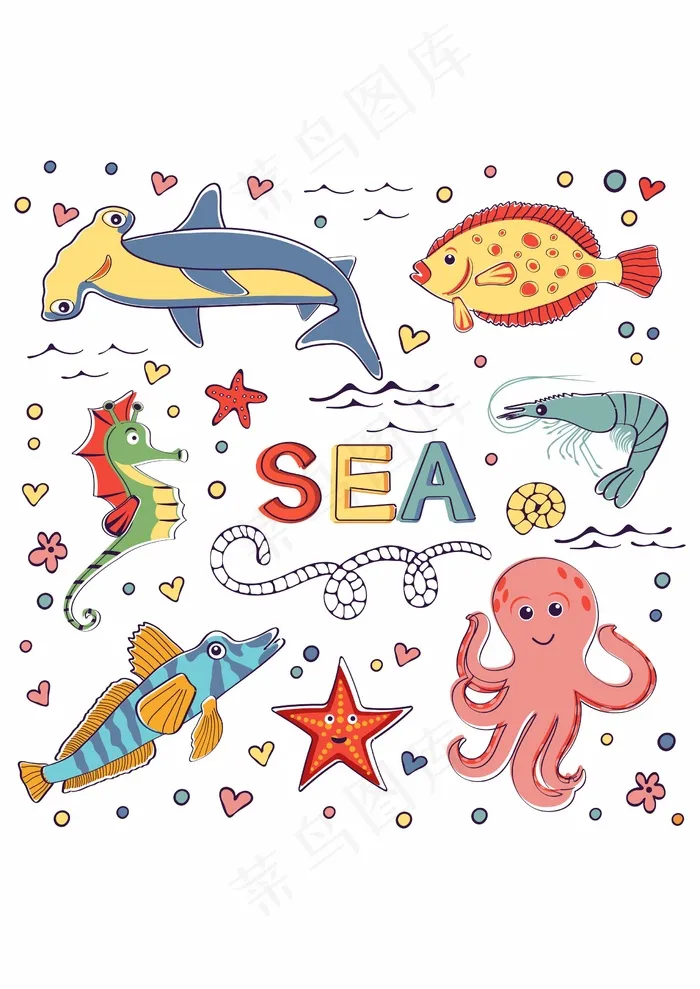 海洋生物 海马鱼虾海星 八爪鱼cdr矢量模版下载