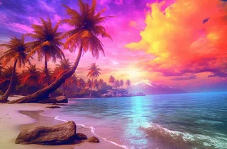 有棕榈树的海滩和清澈的海滩傍晚晚霞红色风格插画背景