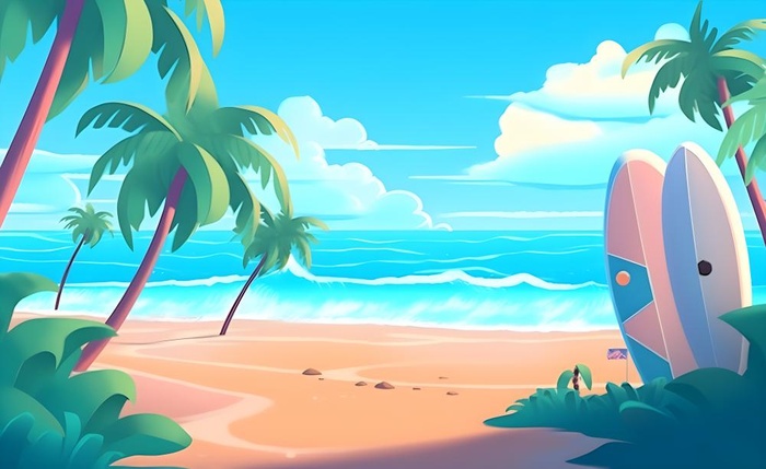 海边度假沙滩椰树冲浪天空插画背景(3600x2208)