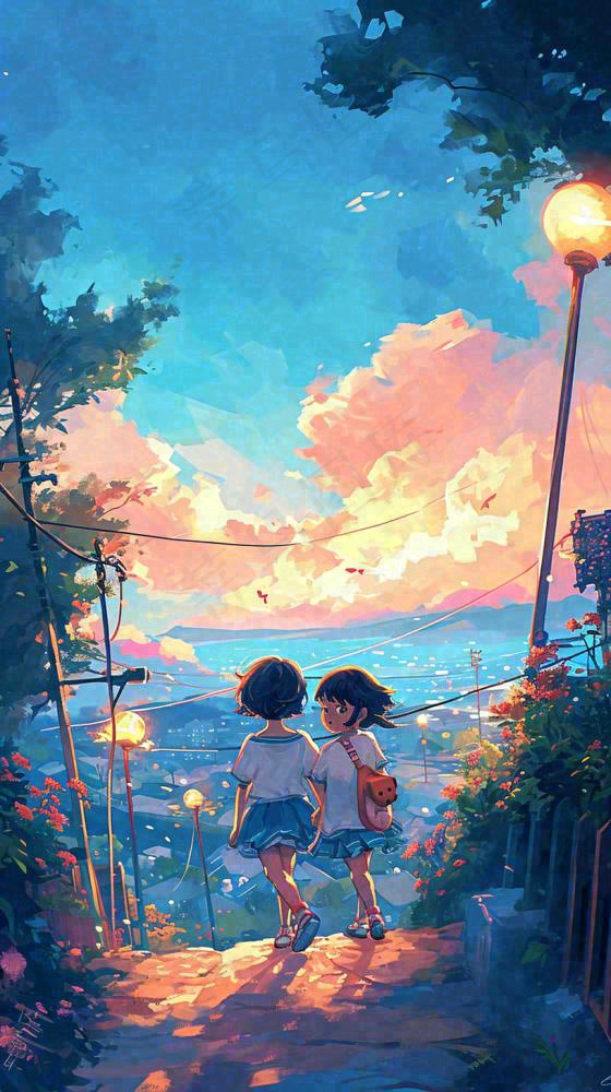 清新蓝天白云儿童路边行走手绘插画，花丛草地植物
