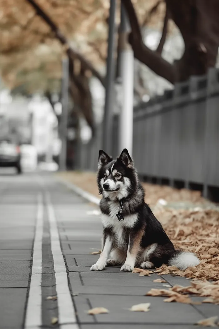 一只可爱的狗坐着街边路上摄影图