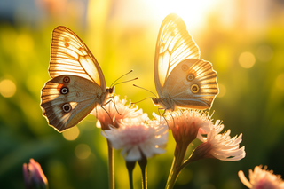 阳光下的两只蝴蝶停留在花朵上摄影图