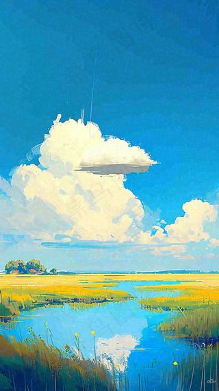 大自然湖面小溪草坪村庄蓝天白云，春天清新阳光