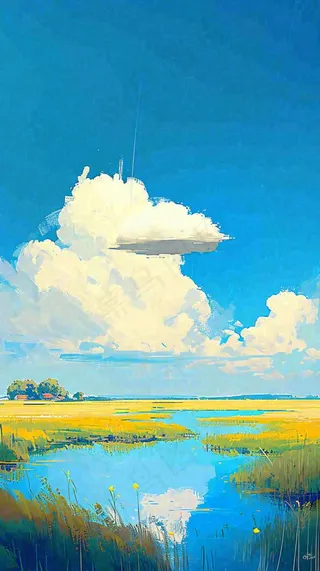 大自然湖面小溪草坪村庄蓝天白云，春天清新阳光