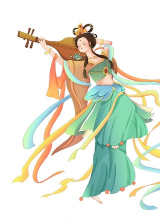 手绘国潮中国风古代敦煌神话飞天仙女美女古装人物插画PSD素材