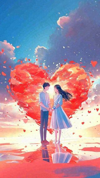 情人节浪漫情人爱心落日蓝天唯美，情侣亲吻爱情，卡通手绘插画