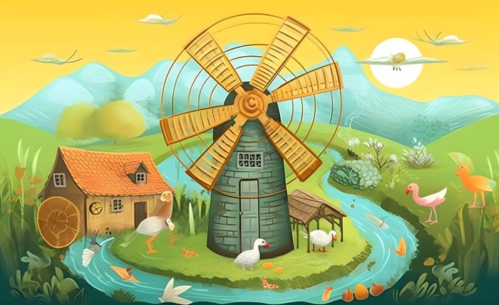 春天田园绿色自然风车水河流畜牧插画素材背景