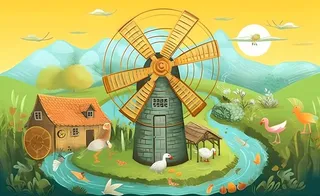 春天田园绿色自然风车水河流畜牧插画素材背景