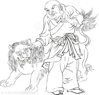 摸狮子的僧人罗汉线描矢量PNG绘画图片 摸狮子的僧人罗汉线描矢量PNG绘画图片