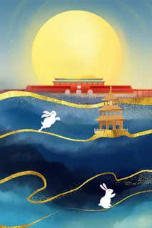 国庆节水墨玉兔建筑*插画背景 国庆节水墨玉兔建筑*插画背景