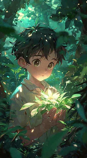 丛林里发着光的人，绿叶树林星光手绘插画