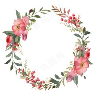 花环鲜花植物水彩插画免抠