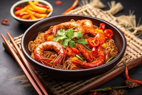 餐饮美食香辣虾面摄影图 餐饮美食香辣虾面摄影图