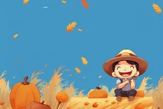 可爱儿童蓝色丰收落叶背景