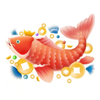 手绘国潮古风喜庆铜钱锦鲤鱼金鱼荷花插画场景装饰PSD设计素