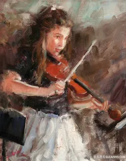 拉小提琴女孩高清油画装饰画