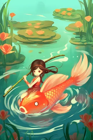 湖水水草金鱼女孩插画背景