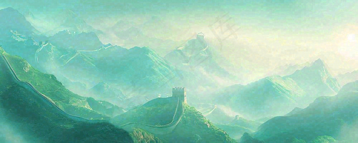 崇山峻岭高山白云中国风插画长城风景(1712x688)