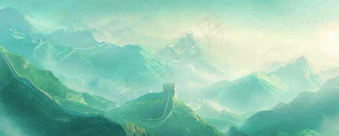 崇山峻岭高山白云中国风插画长城风景(1712x688)