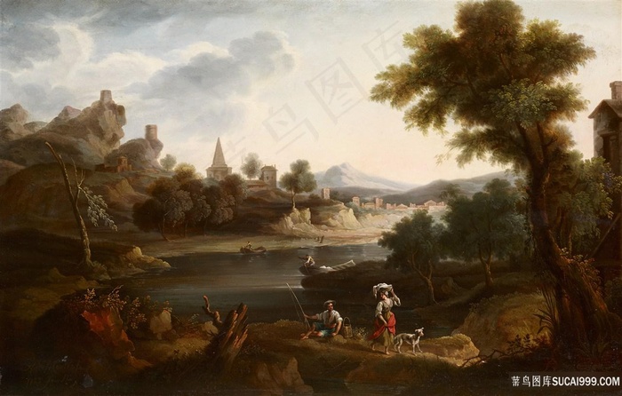 有洗衣妇和渔夫的河流景观