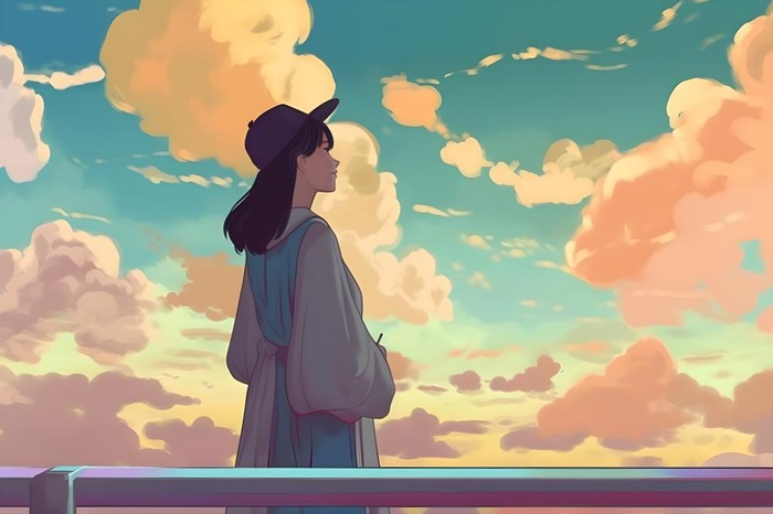 天空彩虹白云毕业的女孩插画背景(5376x3584)