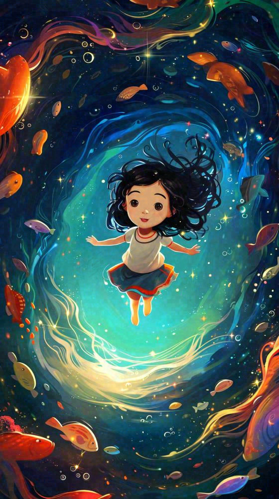 炫酷浪漫海洋海底水底可爱女孩手绘插画，鱼类水母生物(816x1456)