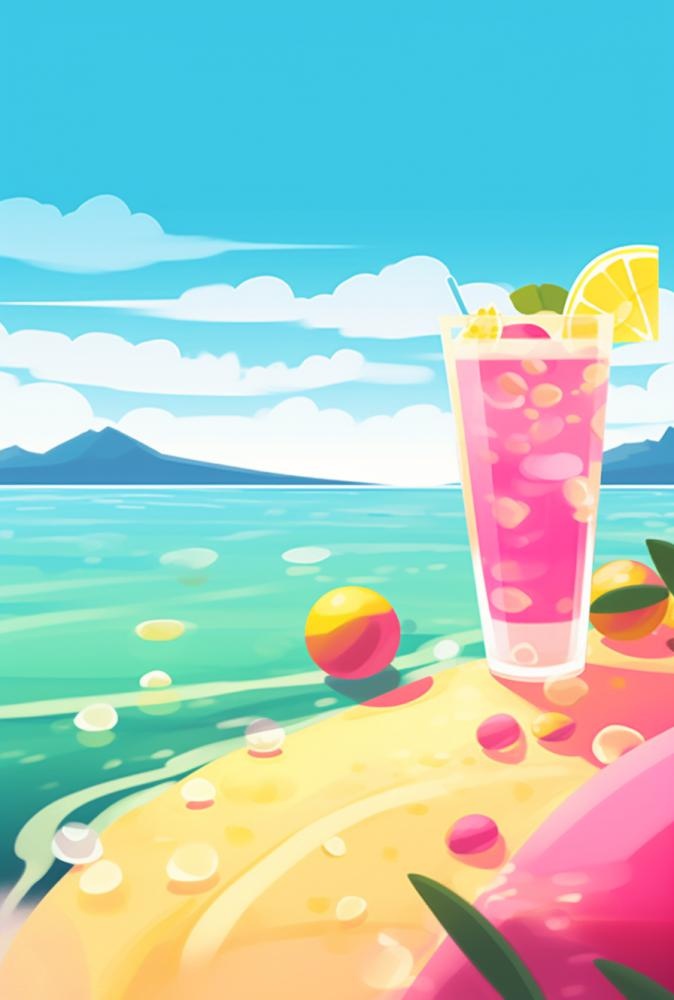 夏日沙滩饮料天空插画背景(896x1328)