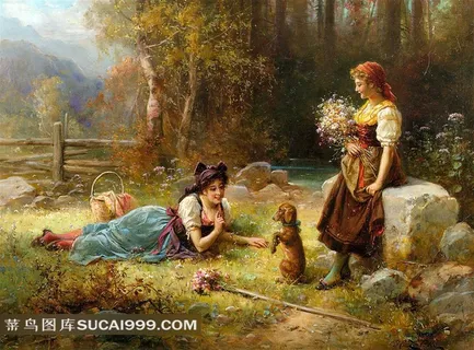 宠物小狗和美女油画 宠物小狗和美女油画