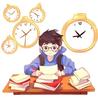 学生在书桌写作业时间时钟免抠