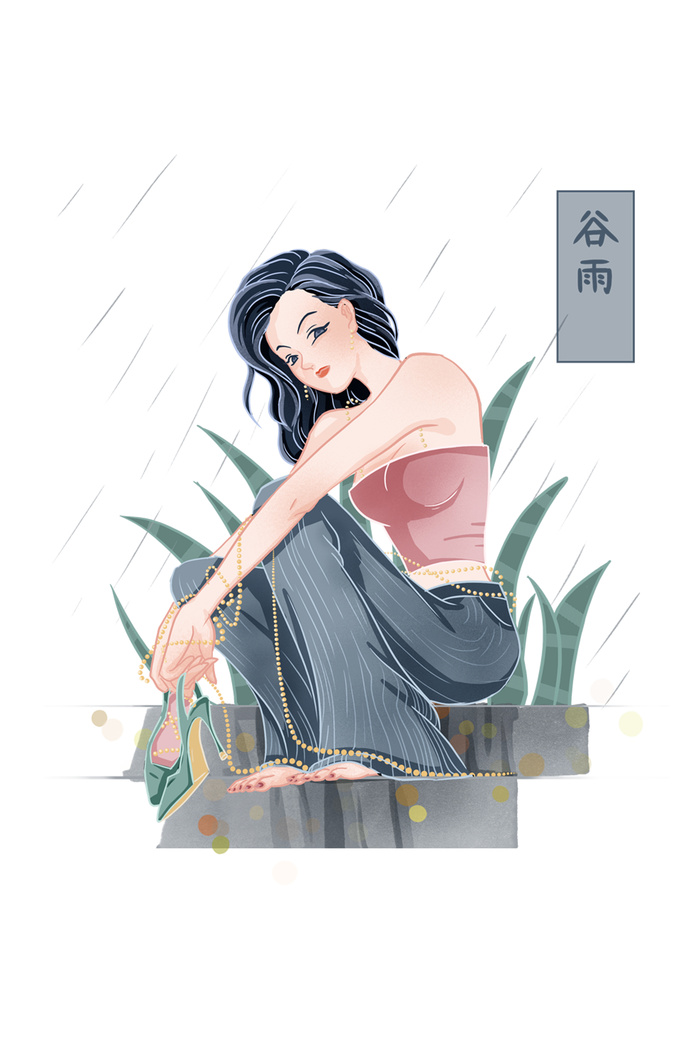 二十四节气谷雨场景插画psd模版下载