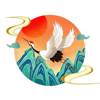 中国风国潮仙鹤山水插画手绘元素场景PSD设计素材